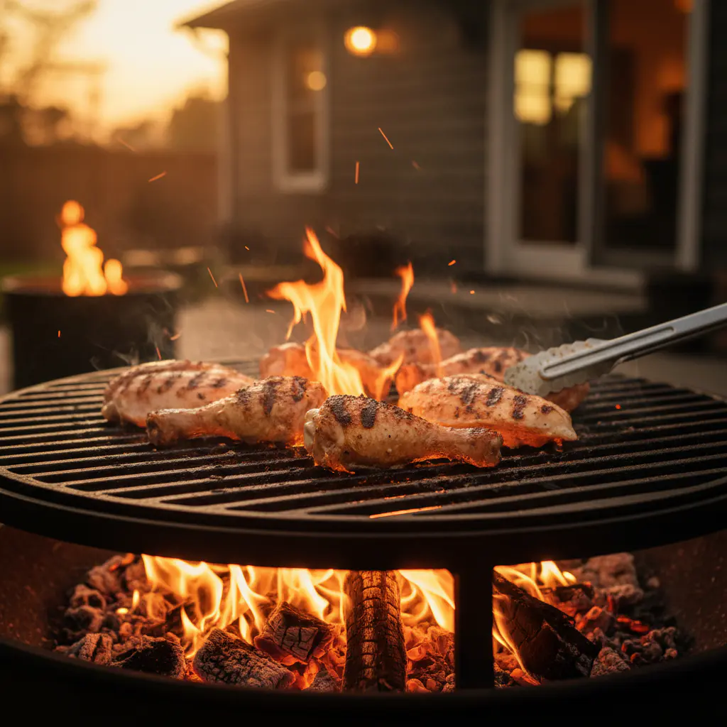 Grilling chicken over open flames