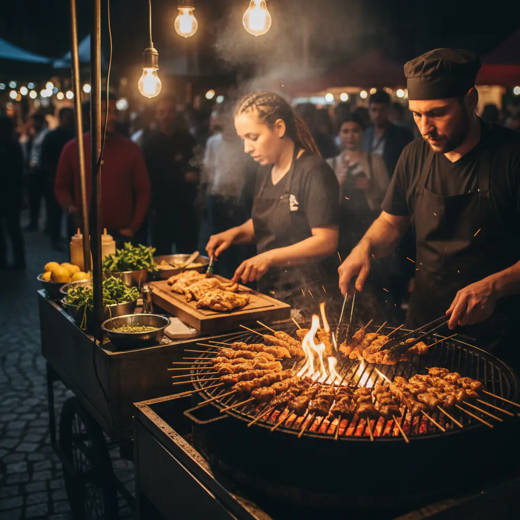 Chefs preparing fresh chicken street food