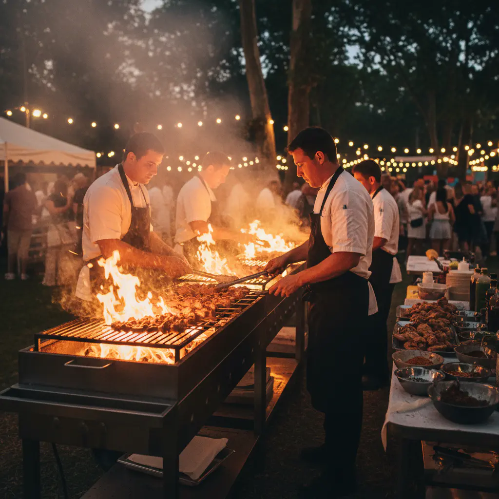 Chefs grilling chicken at an event